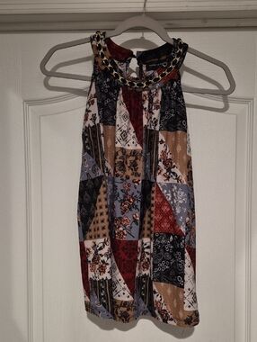 Patchwork Print Halter Top with Chain Trim - Women - Multicolor